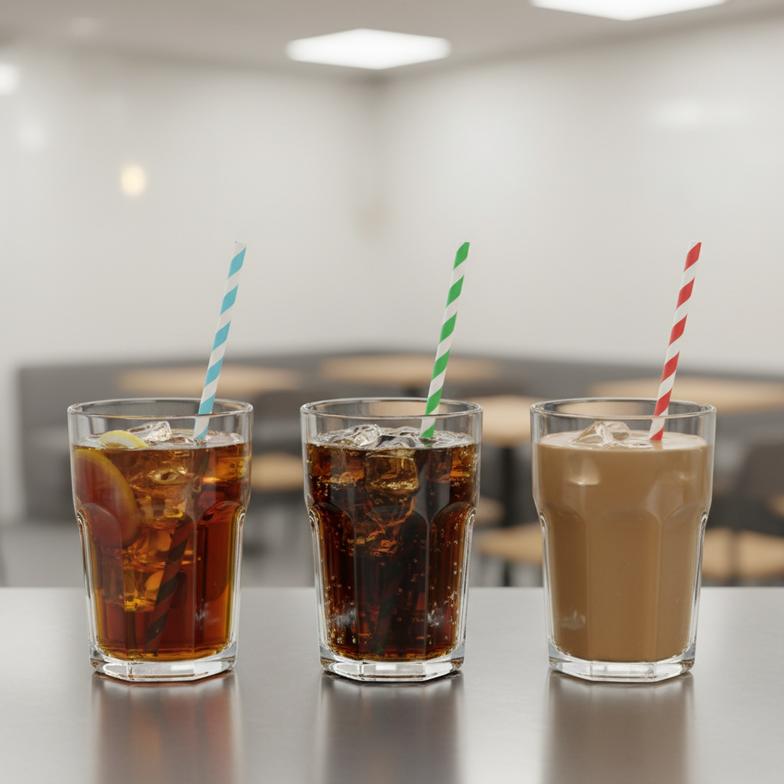 Standard paper straws being used in glasses of iced tea and soda at a busy cafe