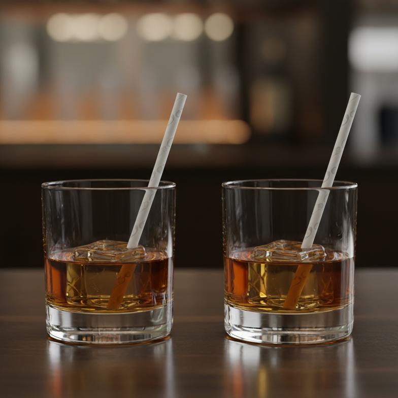 Elegant cocktail paper straws in short old-fashioned glasses at a bar