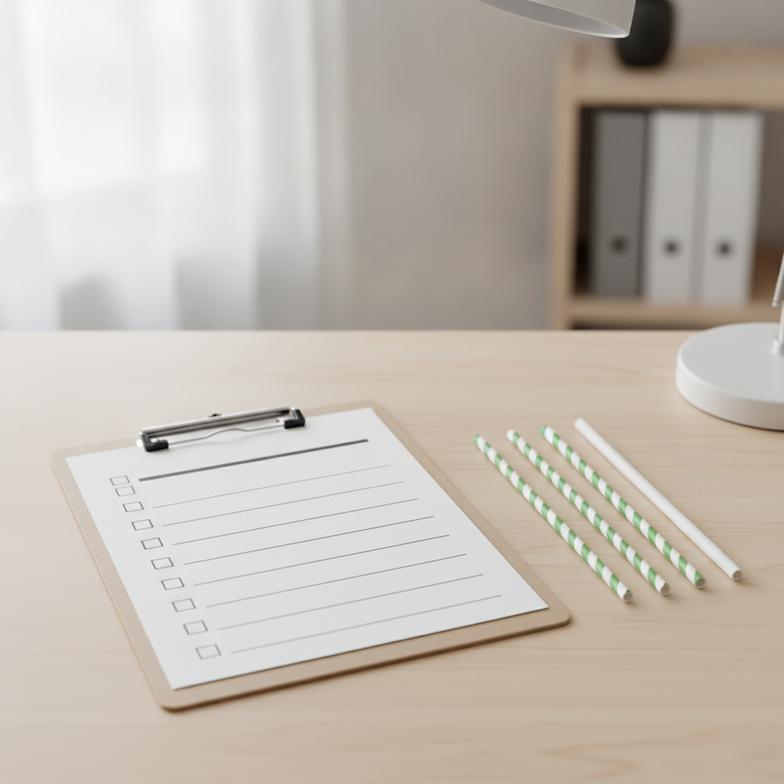 A detailed paper straw purchase specification document being reviewed on a desk