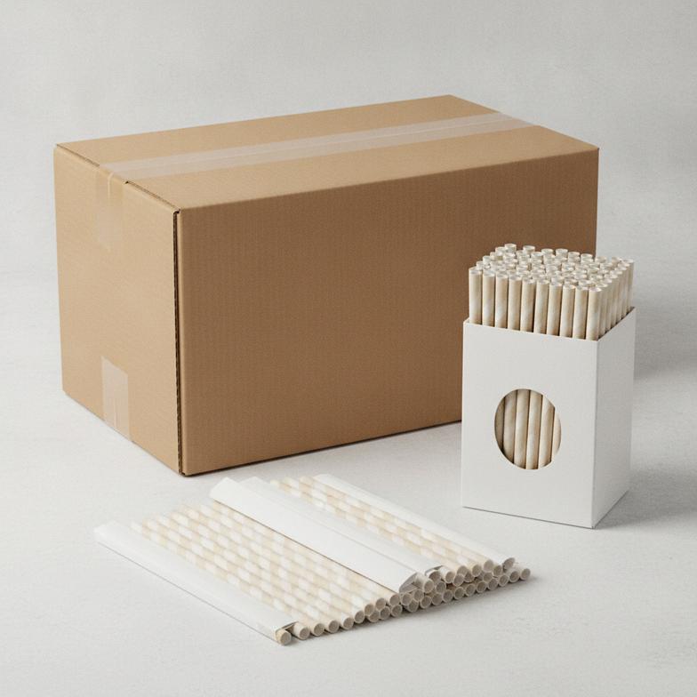 Individually wrapped paper straws in a dispenser, highlighting the packaging details in a paper straw purchase specification.