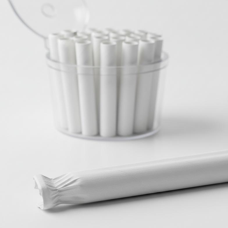 A close-up shot of a dispenser for unwrapped paper straws next to a container of wrapped straws.