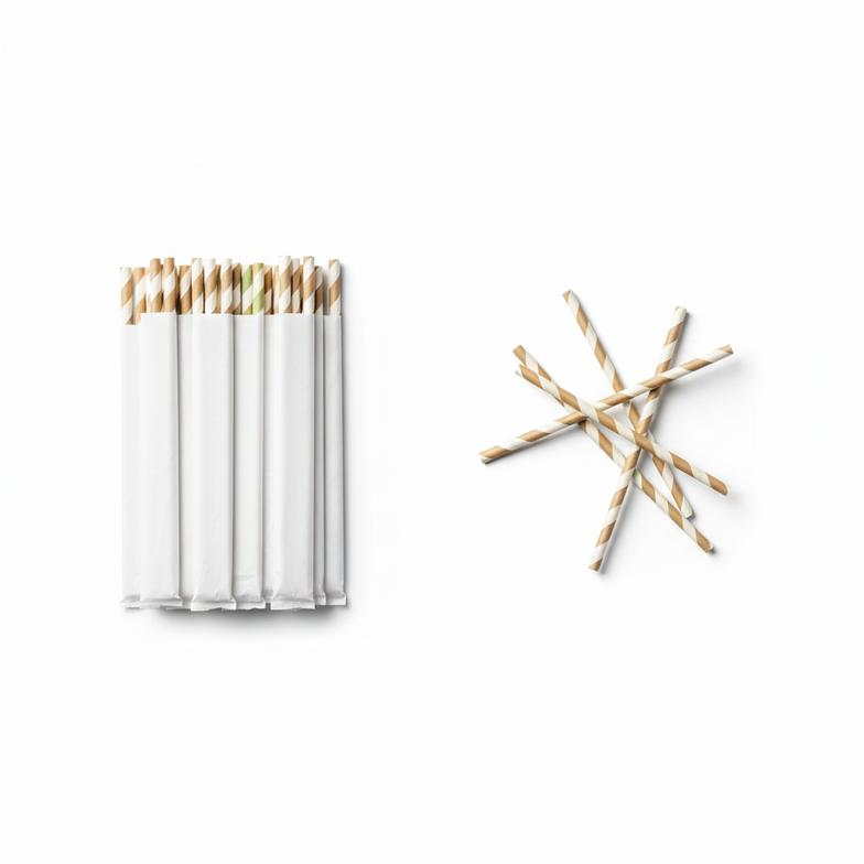 A side-by-side view showing a tidy stack of wrapped straws and a messy pile of discarded unwrapped straws.