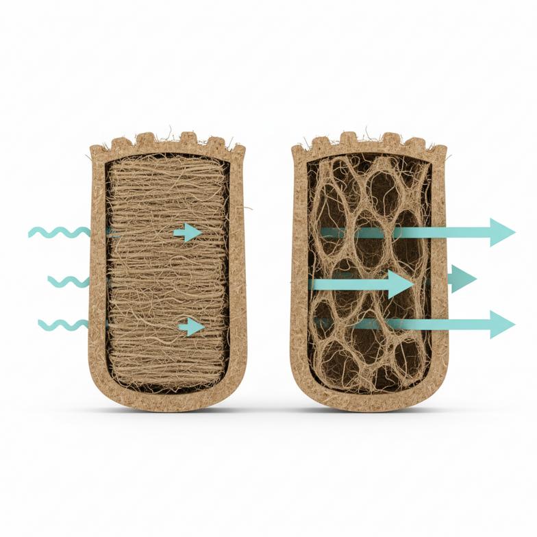 An illustration comparing the airflow through a dense hemp filter tip versus a looser one.