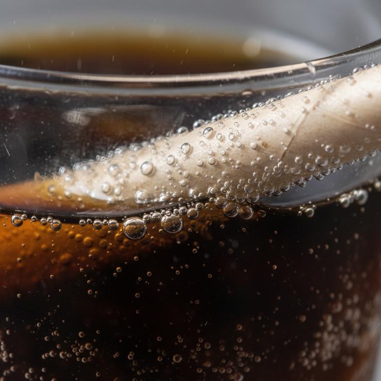 A close-up of the bubbles in a soda fizzing around a paper straw.