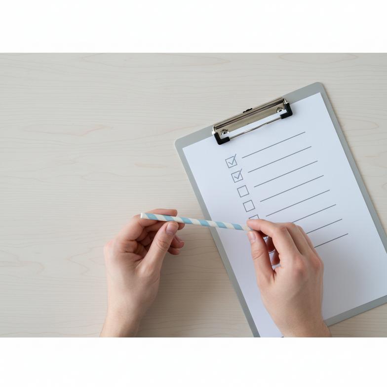A person inspecting a paper straw, with a checklist and pen in hand.